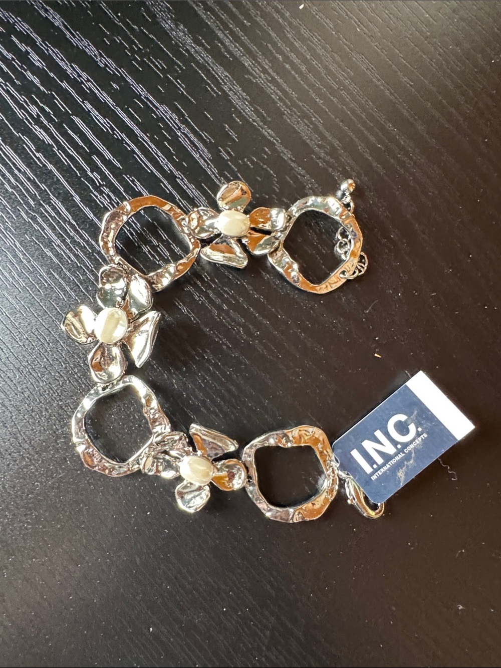 INC International Concepts Silver Floral Link Bracelet with Pearl Centers